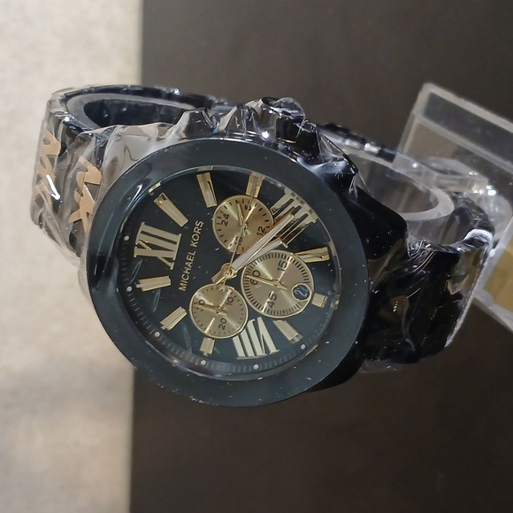 Michael Kors Black and Gold Chronograph MK Initials Womens Watch - Picture 2 of 9